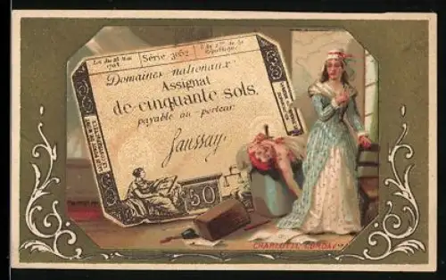 Sammelbild Geldschein 50 Sols, Dame in gestreiftem Kleid