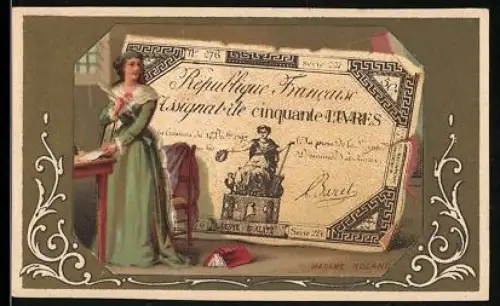 Sammelbild Geldschein 50 Livres, Dame an einem Tisch stehend