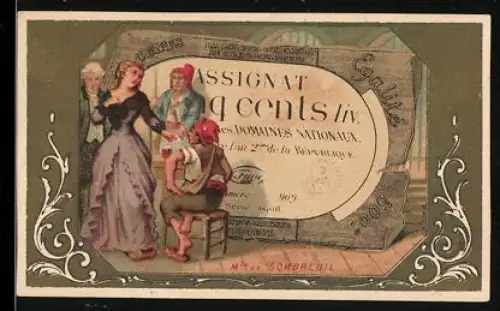 Sammelbild Geldschein 500 Livres, Elegante Dame mit drei Männern