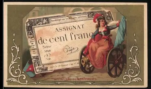 Sammelbild Geldschein 100 Francs, Dame auf Kanone sitzend