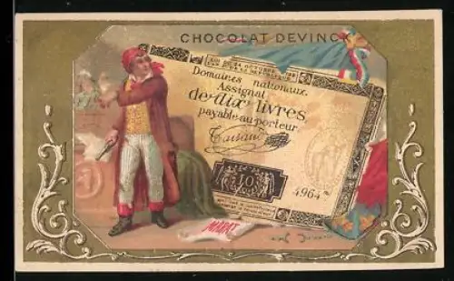 Sammelbild Paris, Chocolat Devinck, Rue St-Honoré 175, Geldschein 10 Livres, Mann mit Pistole