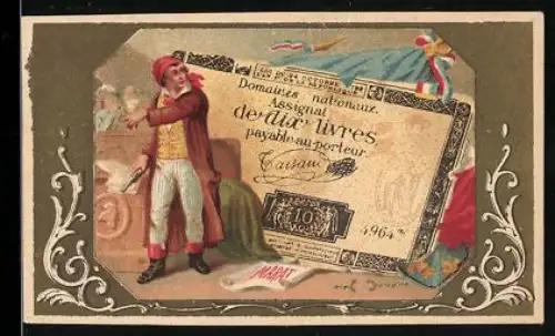 Sammelbild Geldschein 10 Livres, Mann mit Pistole vor dem Geldschein