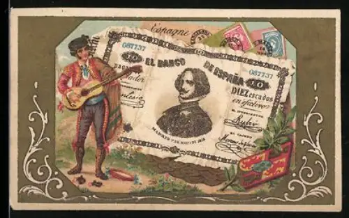 Sammelbild Spanischer Geldschein 10 Escudos, Mann mit Gitarre in Tracht