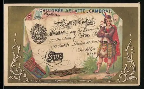 Sammelbild Cambrai, Arlatte & Cie, Britischer Geldschein 5 Pounds, Mann in schottischer Tracht