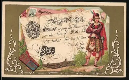 Sammelbild Britischr Geldschein 5 Pfund, Mann in schottischer Tracht