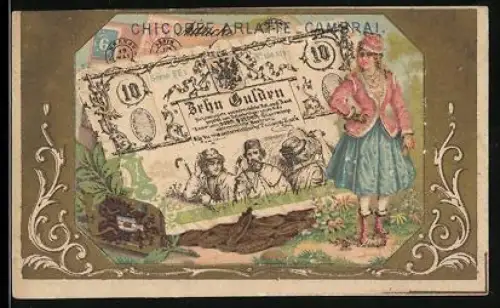 Sammelbild Cambrai, Arlatte & Cie, Österreichischer Geldschein 10 Gulden, Dame in Tracht
