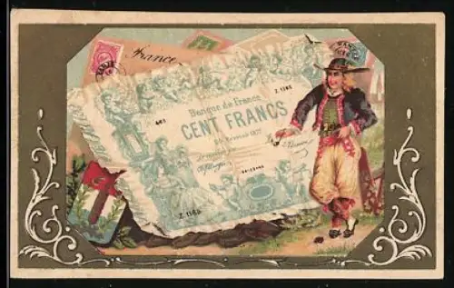 Sammelbild Französischer Geldschein 100 Franken, Mann in Tracht, Wappen