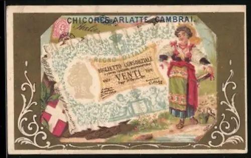 Sammelbild Cambrai, Arlatte & Cie, Italienischer Geldschein Venti Lire, Dame in Tracht