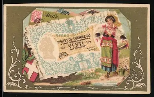 Sammelbild Italienischer Geldschein Venti Lire, Dame in Tracht