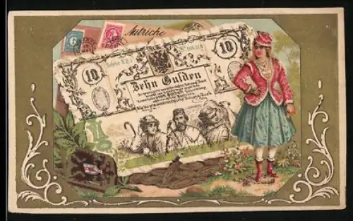 Sammelbild Österreichischer Geldschein 10 Gulden, Wappen, Dame in Tracht