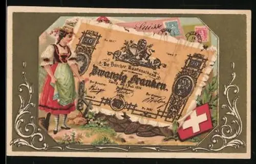 Sammelbild Schweizer Geldschein 20 Franken, Dame in Tracht, Wappen