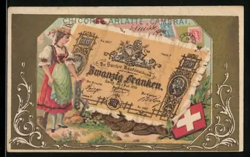 Sammelbild Cambrai, Arlatte & Cie, Schweizer Geldschein 20 Franken, Wappen, Dame in Tracht