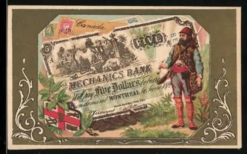 Sammelbild Kanadischer Geldschein 5 Dollar, Wappen, Jäger