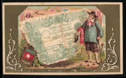 Sammelbild Französischer Geldschein 1000 Franken, Mann mit Bild, Wappen