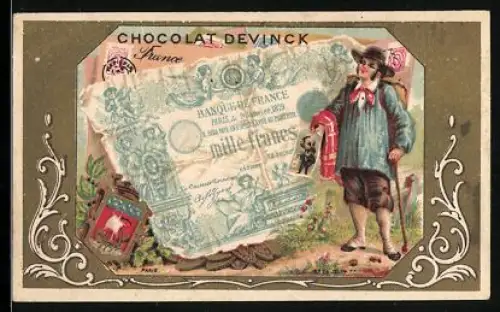 Sammelbild Paris, Chocolat Devinck, 175 Rue St. Honoré, Französischer Geldschein 1000 Franken, Wappen