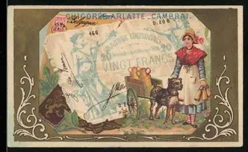 Sammelbild Cambrai, Arlatte & Cie, Dame mit Hundekarren, Belgischer Geldschein 20 Franken