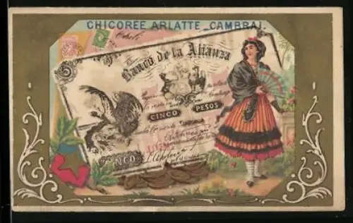 Sammelbild Cambrai, Arlatte & Cie, Geldschein Chile 10 Pesos, Dame mit Fächer