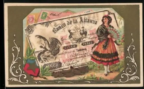 Sammelbild Geldschein Chile 10 Pesos, Dame mit Fächer, Wappen
