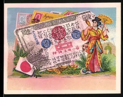 Sammelbild Japanischer Geldschein 1 Yen, Dame mit Sonnenschirm
