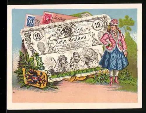 Sammelbild Österreichischer Geldschein 10 Gulden, Wappen, Frau in Tracht
