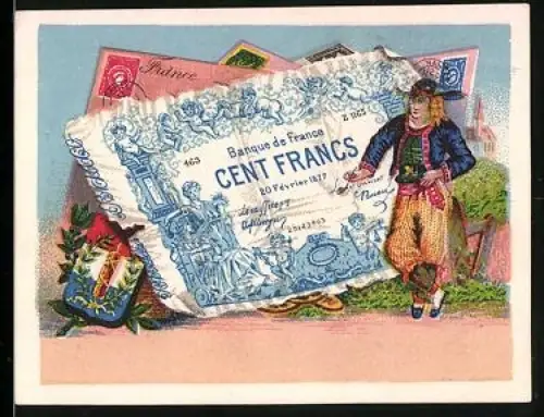 Sammelbild Französischer Geldschein 100 Francs, Wappen, Herr in Tracht