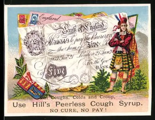 Sammelbild Dodge, Emil A. Fischer Druggist, Hill`s Peerless Cough Syrup, Britischer Geldschein 5 Pounds, Schotte