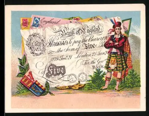 Sammelbild Britischer Geldschein 5 Pounds, Mann in schottischer Tracht, Wappen