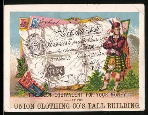 Sammelbild Union Clothing Co, Britischer Geldschein 5 Pfund, Schotte in Tracht, Wappen