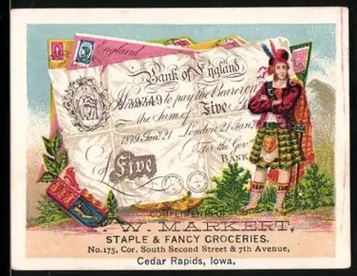 Sammelbild Cedar Rapids, F. W. Markert, Britischer Geldschein 5 Pfund, Schotte in Tracht, Wappen