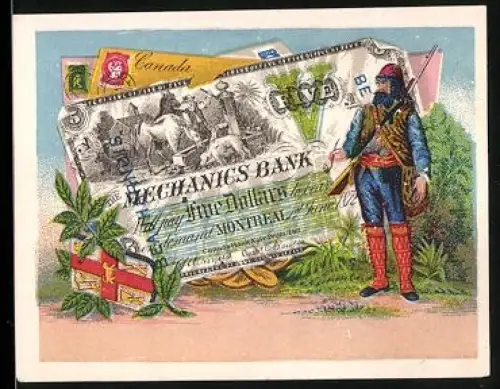 Sammelbild Kanadischer Geldschein 5 Dollar, Jäger und Wappen