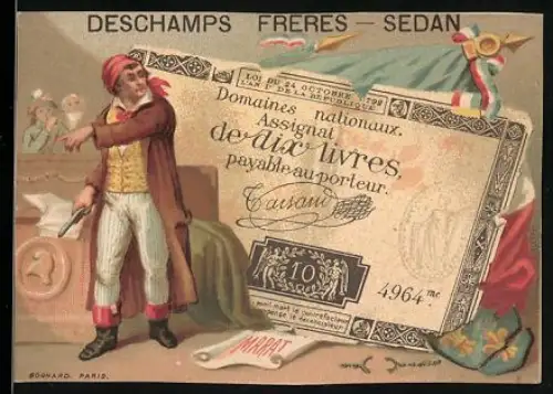 Sammelbild Sedan, Deschamps Frères, Place du Rivage 5, Geldschein 10 Livres, Wappen