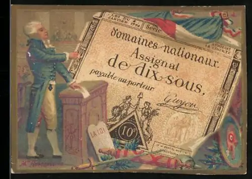 Sammelbild Geldschein 10 sous, Mann in blauer Jacke, Flagge, Wappen