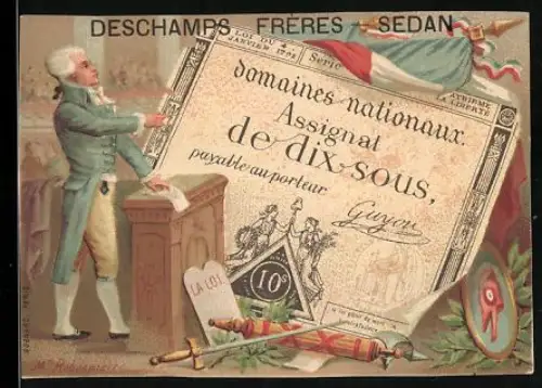 Sammelbild Sedan, Deschanos Frères, Place du Rivage 5, Geldschein 10 sous, Wappen, Flagge
