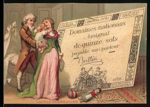 Sammelbild Geldschein 15 sols, Familie mit Säugling