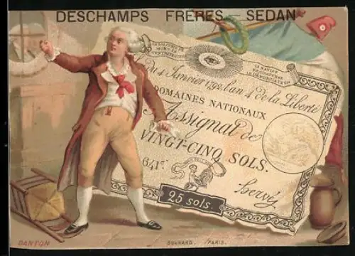 Sammelbild Sedan, Deschamos Frères, Place du Rivage 5, Geldschein 25 sols, Mann steht auf einem Stuhl