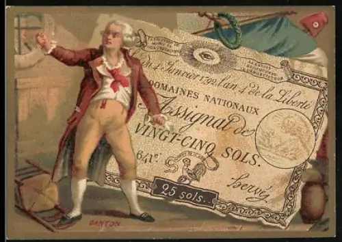 Sammelbild Cambrai, Arlatte & Cie, Geldschein 25 sols, Flagge und Krug