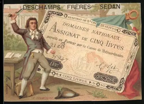 Sammelbild Sedan, Deschamps Frères, 5 Livres, Mann mit Pistole