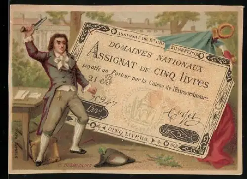 Sammelbild Geldschein 5 Livres, Mann mit Pistole in der Hand, Flagge