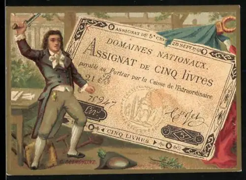 Sammelbild Cambrai, Arlatte & Cie, Geldschein 5 Livres, Mann hält Pistol in die Luft