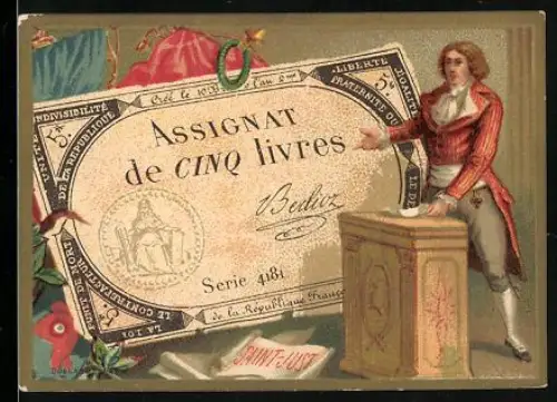 Sammelbild Cambrai, Arlatte & Cie, 5 Livres, Mann an einem Podest