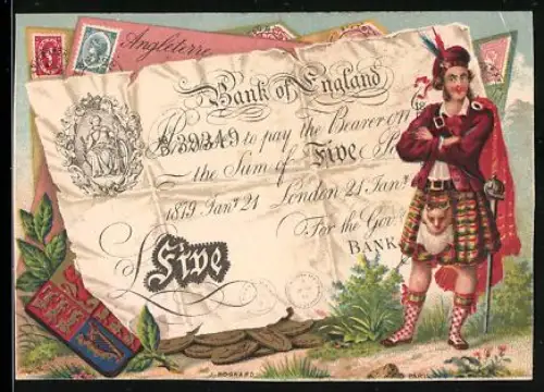 Sammelbild Bordeaux, Manufacture de Vêtements Confectionnés, Cours d`Alsace 59, Britischer Geldschein 5 Pounds