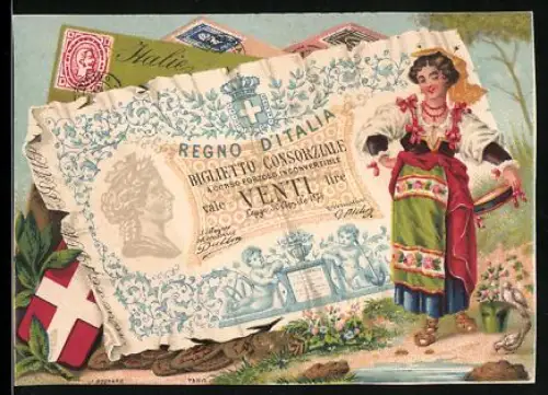 Sammelbild Bordeaux, Manufacture de Vêtements Confectionnés, Cours d`Alsace 59, Italienischer Geldschein Venti Lire