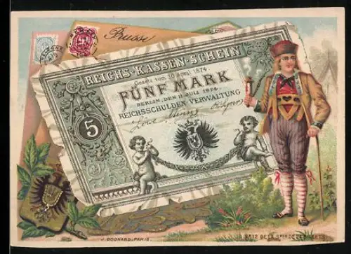 Sammelbild Mann mit Pfeife neben einem Fünf Reichsmark-Schein
