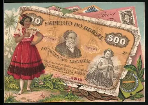 Sammelbild Bordeaux, Manufacture de Vêtements, Hübsche Frau mit Fächer neben einem brasilianischen Geldschein mit Münzen