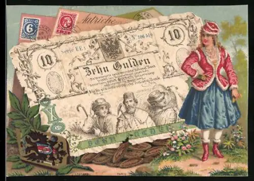 Sammelbild Bordeaux, Manufacture de Vêtements, Hübsche Frau in eleganter Kleidung neben einem 10 Gulden-Schein