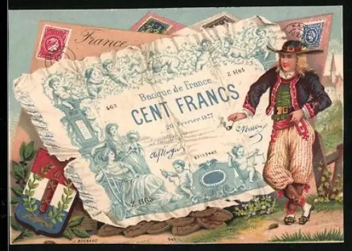 Sammelbild Bordeaux, Manufacture de Vêtements, Mann mit Hut und Pfeife neben einem Hundert Francs-Schein