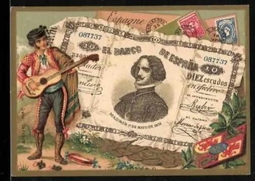 Sammelbild Cambrai, Arlatte & Cie., Mann mit Gitarre neben einem zehn Escudo-Schein