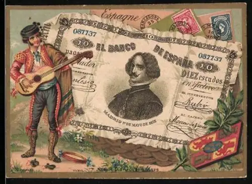 Sammelbild Mann mit Gitarre neben einem zehn Escudo-Schein