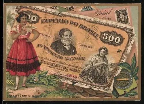 Sammelbild Hübsche Frau mit Fächer neben einem brasilianischen Geldschein