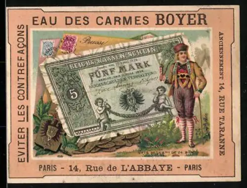 Sammelbild Paris, Eau des Carmes Boyer, Mann mit Pfeife und Gehstock neben einem Fünf Reichsmark-Schein
